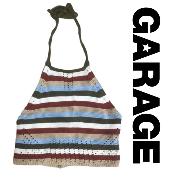 Garage Tops - GARAGE Cotton Crochet Stripe Crop Halter Top